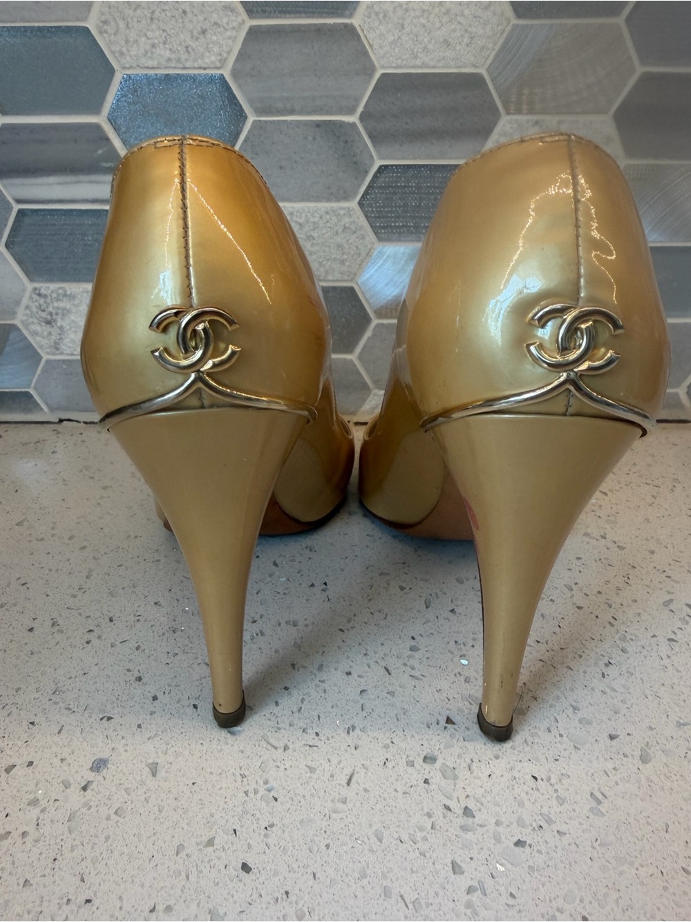 Rare CHANEL Gold Patent Leather Heels with CC Logo